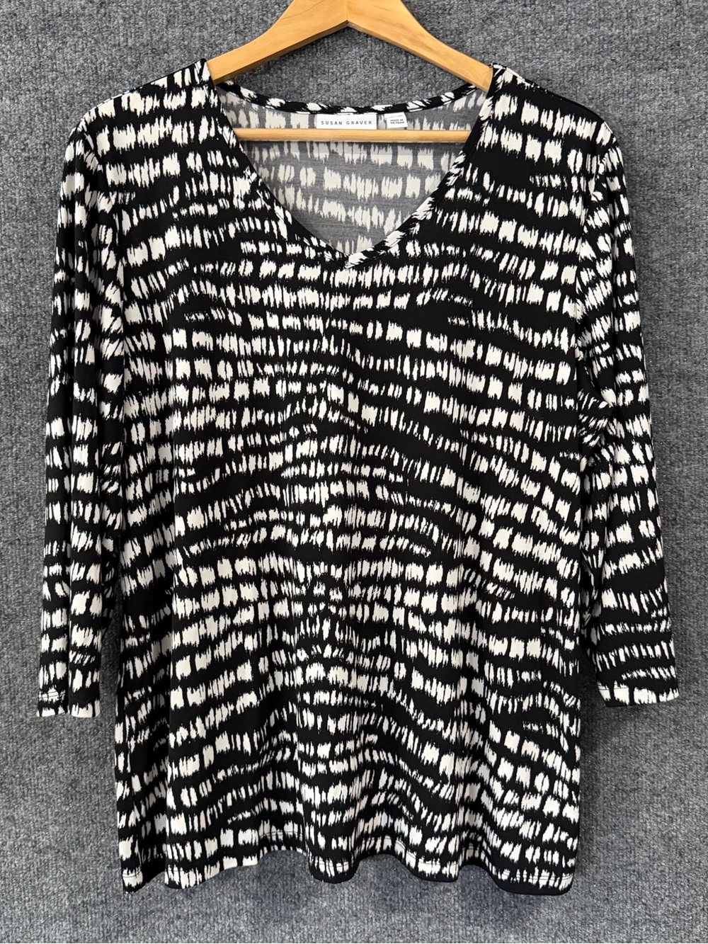 Susan Graver Liquid Knit Top Womens XL Black White Geometric 3/4 Sleeve Office